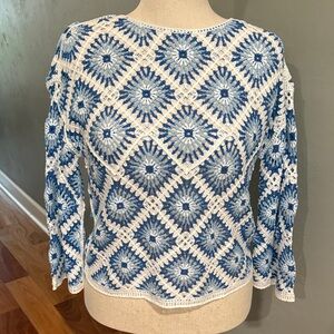 NWT CHARLIE B Blue and White Crochet Sweater Size M/L